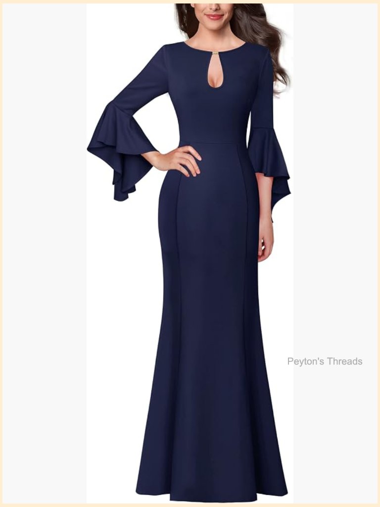 Keyhole Front Bell Sleeve Formal Evening Wedding Party Maxi Dress